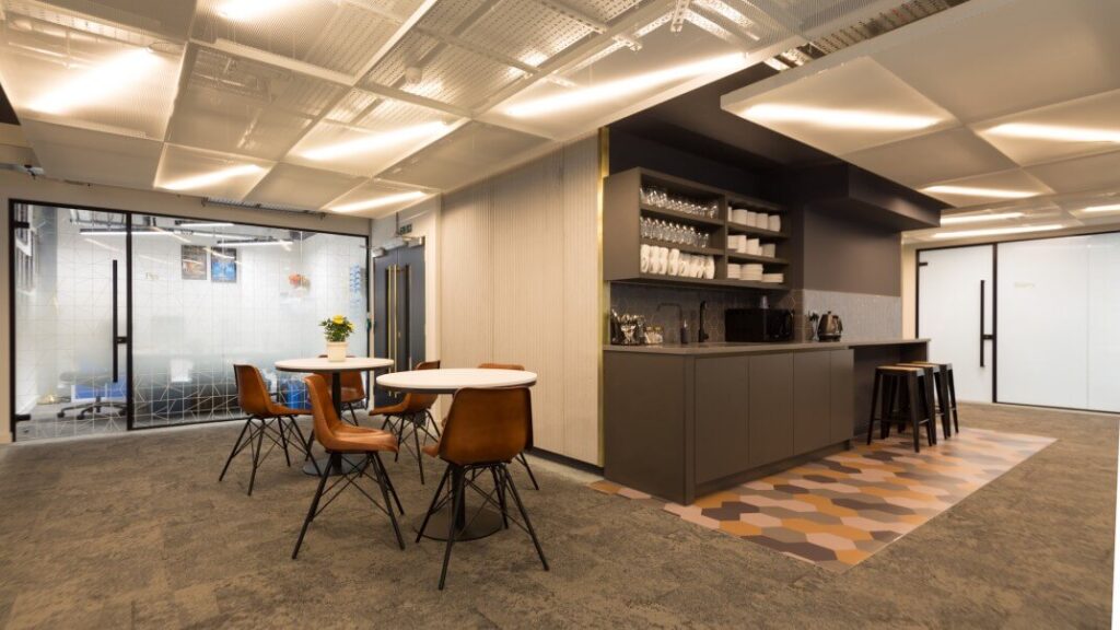 TBWC Carter Lane breakout kitchenette with lounge seating and bar stools