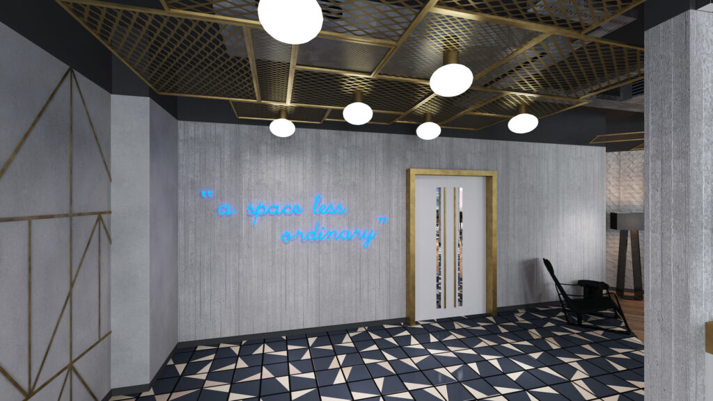 TBWC Carter Lane reception with neon signage and brass ceiling detail