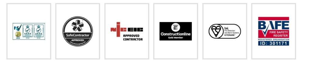 J-Tech accreditation logos: NSI Gold, SafeContractor, NICEIC, Constructionline Gold, BSI Kitemark and BAFE