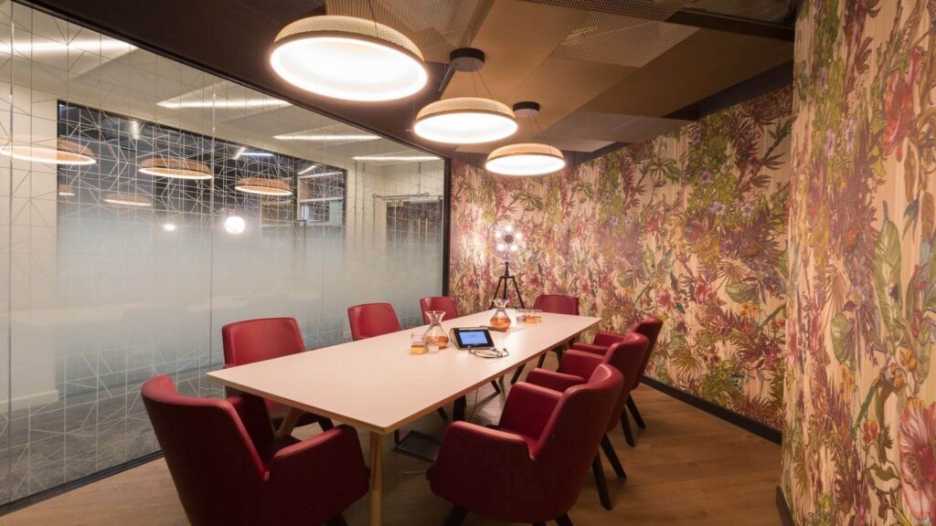 TBWC Carter Lane meeting room with botanical wallpaper and pendant lighting