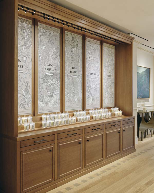 Diptyque Bond Street herbier display cataloguing the fragrance families