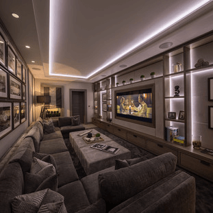 Chelsea Townhouse Development home cinema with integrated AV screen and sectional sofa