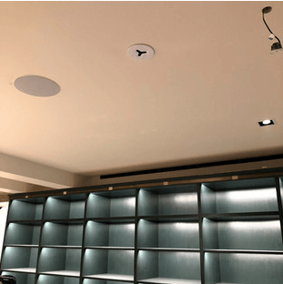 Chelsea Textiles shelving with discreet ceiling-mounted speaker and detector